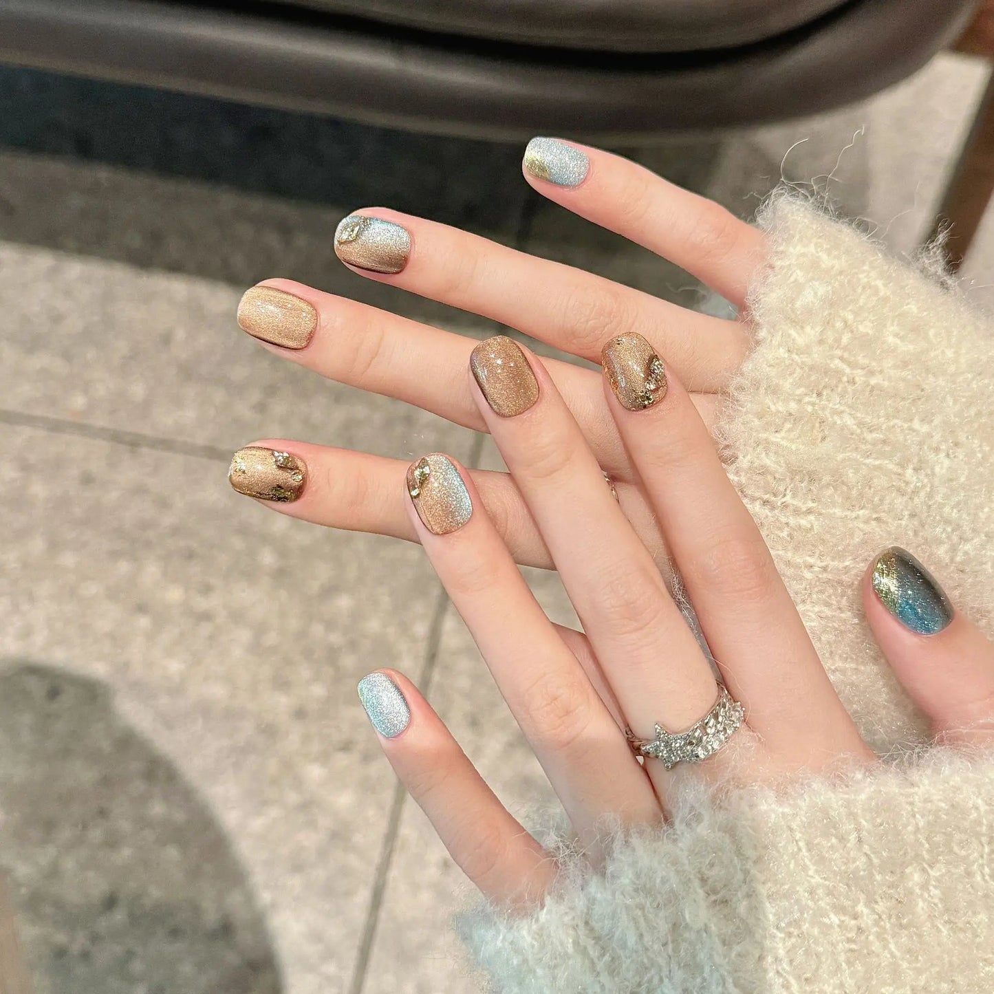 Short Press-On Nails | Blue Brown Cat Eye & Rhinestone Set