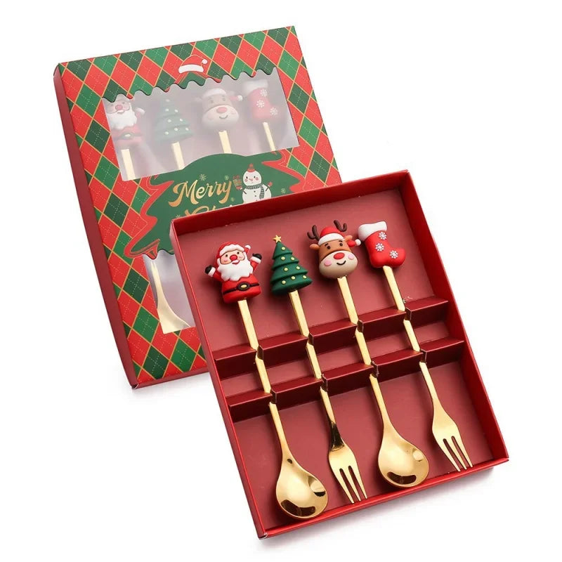 2/6pcs Christmas Gift Set Stainless Steel Spoon and Fork Cartoon Doll Tableware Coffee Spoon and Fork Set with For Home Use Peaceful Pleasures Health and Wellness