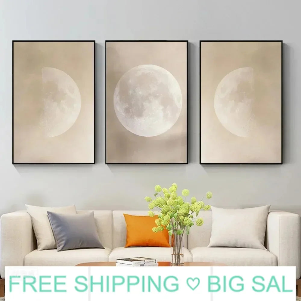 Retro Beige Full Moon Canvas Wall Art | Lunar Print Décor