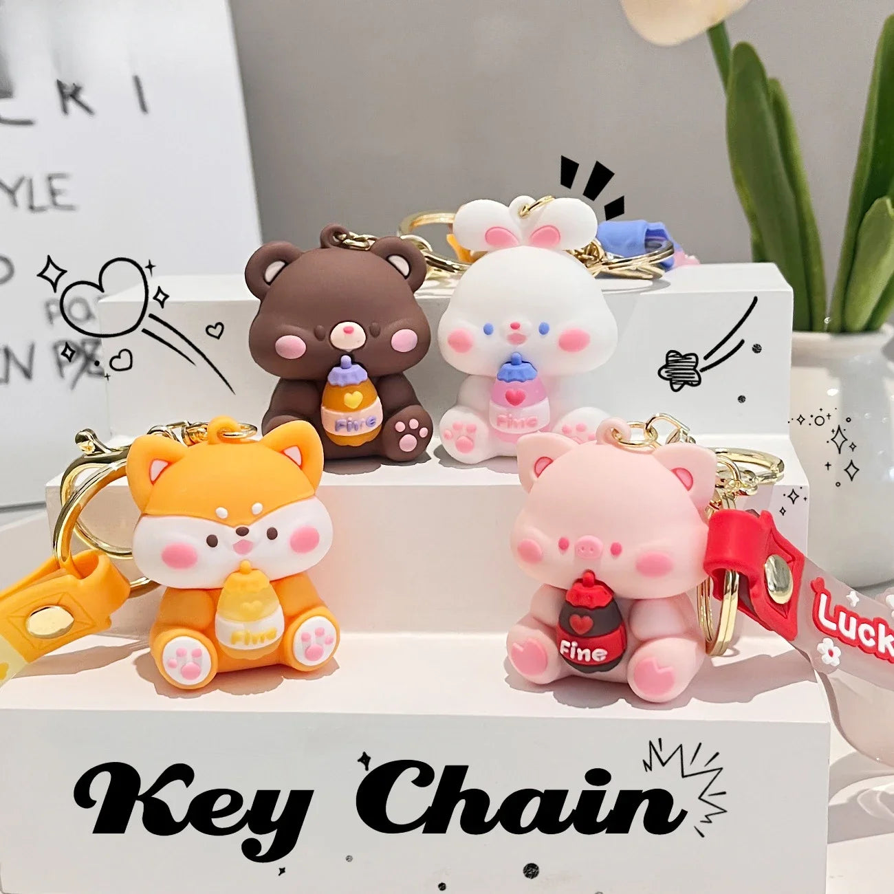 Luck Drinks PVC Cartoon Keychain | Cute Bag Charm & Gift