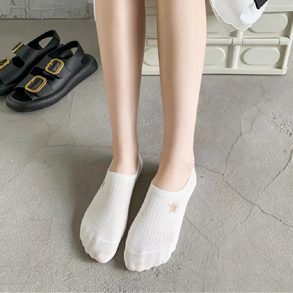 New Womens' Embroidered Bear Flower Strar Moon Squirrel White Cotton Fashion Summer No Show Invisible Socks Slippers Dropship Peaceful Pleasures Health and Wellness
