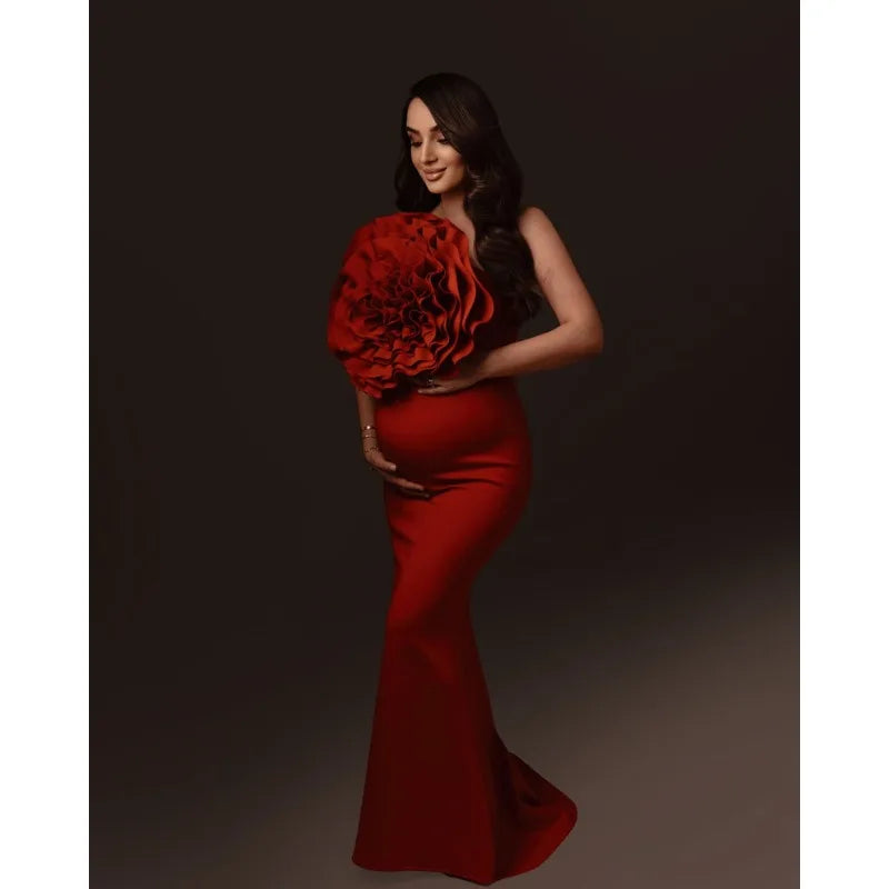 Red Maternity Photoshoot Dress - Stretch Polyester Bodycon Gown with Oversized Handmade Flowers - Baby Shower & Pregnancy Photo Peaceful Pleasures Health and Wellness RED US 12