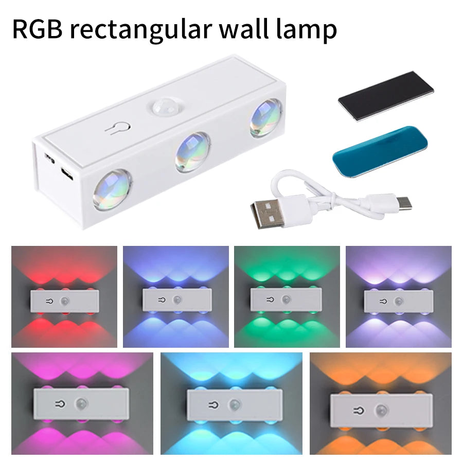 6Leds Double-head Motion Sensor Light 3Colors/RGB Night Light USB Rechargeable Magnetic Wall Lamp Touch Dimming Bedside Lighting Peaceful Pleasures Health and Wellness RGB 6 LED