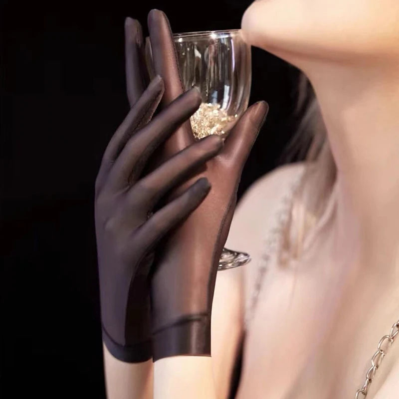 NEW Women Oil Glossy Tight Stocking Gloves Sexy High Elastic Transparent Ultra-Thin Clubwear Short Wrist Gloves Peaceful Pleasures Health and Wellness black round edge