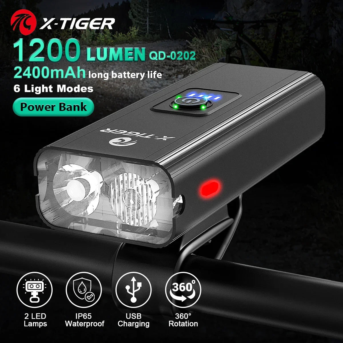 X-TIGER USB Rechargeable Bike Light – 1600 Lm, IPX6 Waterproof