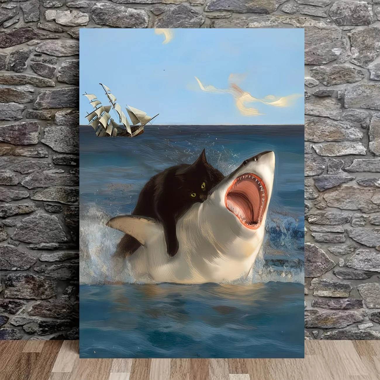 Modern Humorous Cat Shark In The Ocean Wall Art Print Canvas Painting Poster Picture For Living Room,Bedroom Home Decor Peaceful Pleasures Health and Wellness