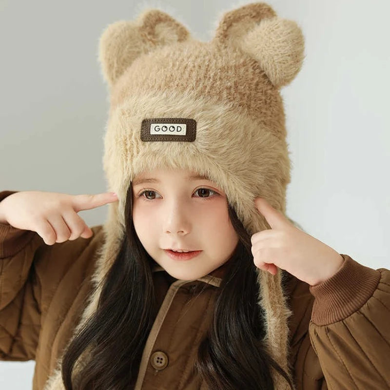 Girls' Bear Fleece-Lined Knit Winter Hat with Ear Protection