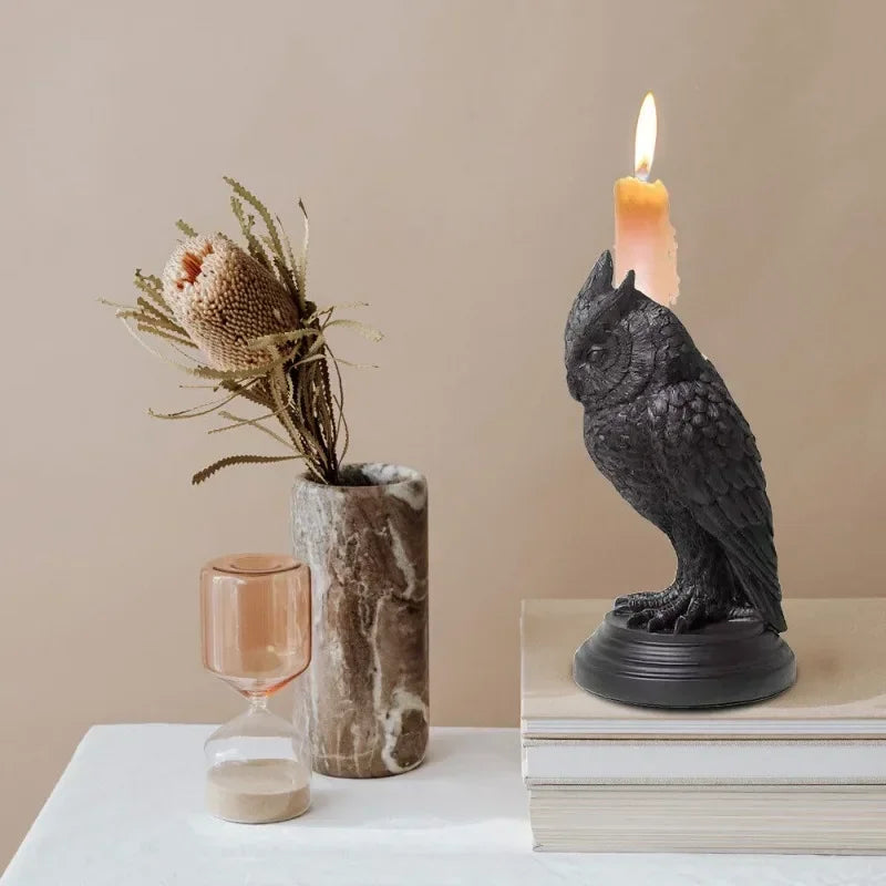 Gothic Halloween Owl & Raven Candle Holder Tabletop Ornament