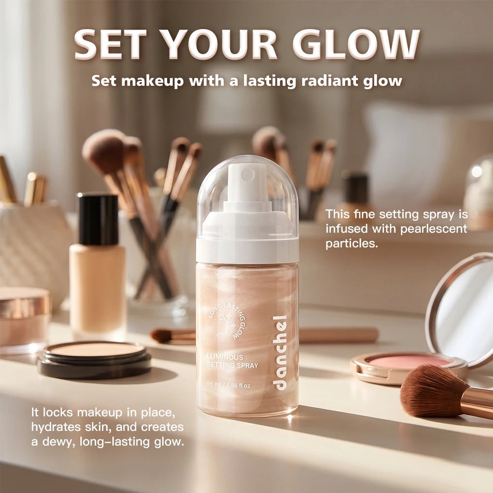 Luminous Shimmery Champagne Pink Setting Spray Liquid Long Lasting Waterproof Smudge Resistant Dewy Radiant Glow Multi‑use Face Peaceful Pleasures Health and Wellness