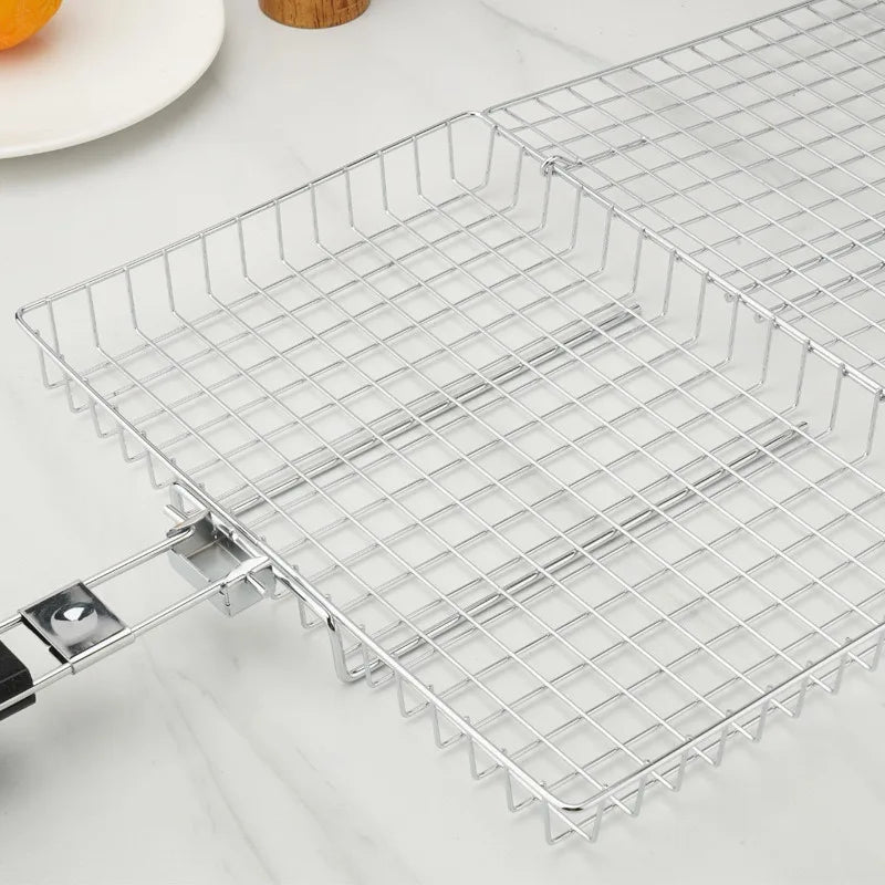 Folding Stainless Steel BBQ Grill Basket for Fish & Vegetables