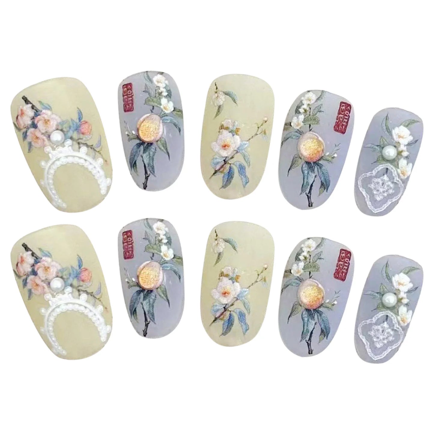 Press On Nails Yellow Blue Floral Pearl Design – Short Round Press On Nails Peaceful Pleasures Health and Wellness L