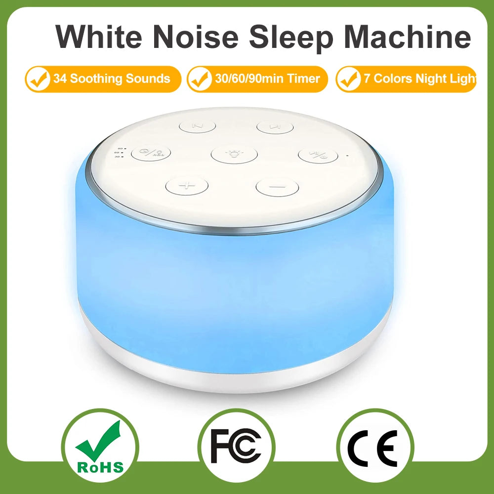 White Noise Machine | 34 Sounds, 7-Color Night Light & Timer