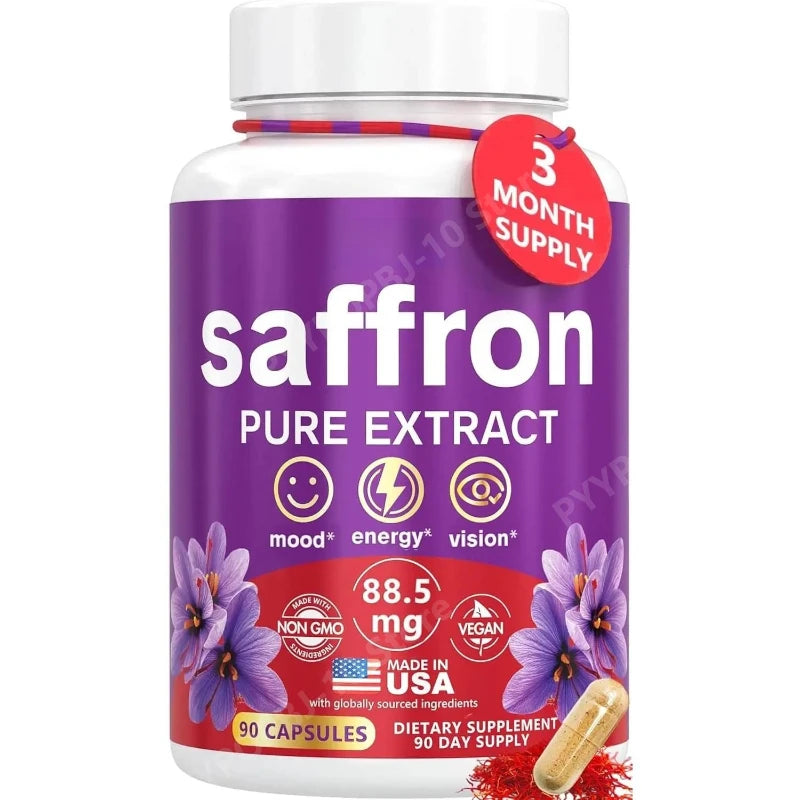 Supplements for Mood Focus 88.5mg Pure Saffron Extract 3rd Party Tested Made in USA 3 Month Supply 90 Capsules Peaceful Pleasures Health and Wellness 1botlle 90capsules
