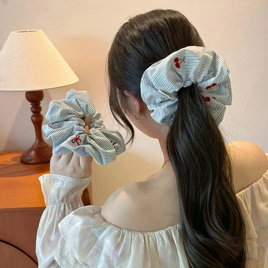 Korean Cherry Stripe Scrunchie Hair Ties – Set of 2 | K-Style Hair Scrunchie Set Oasis Select