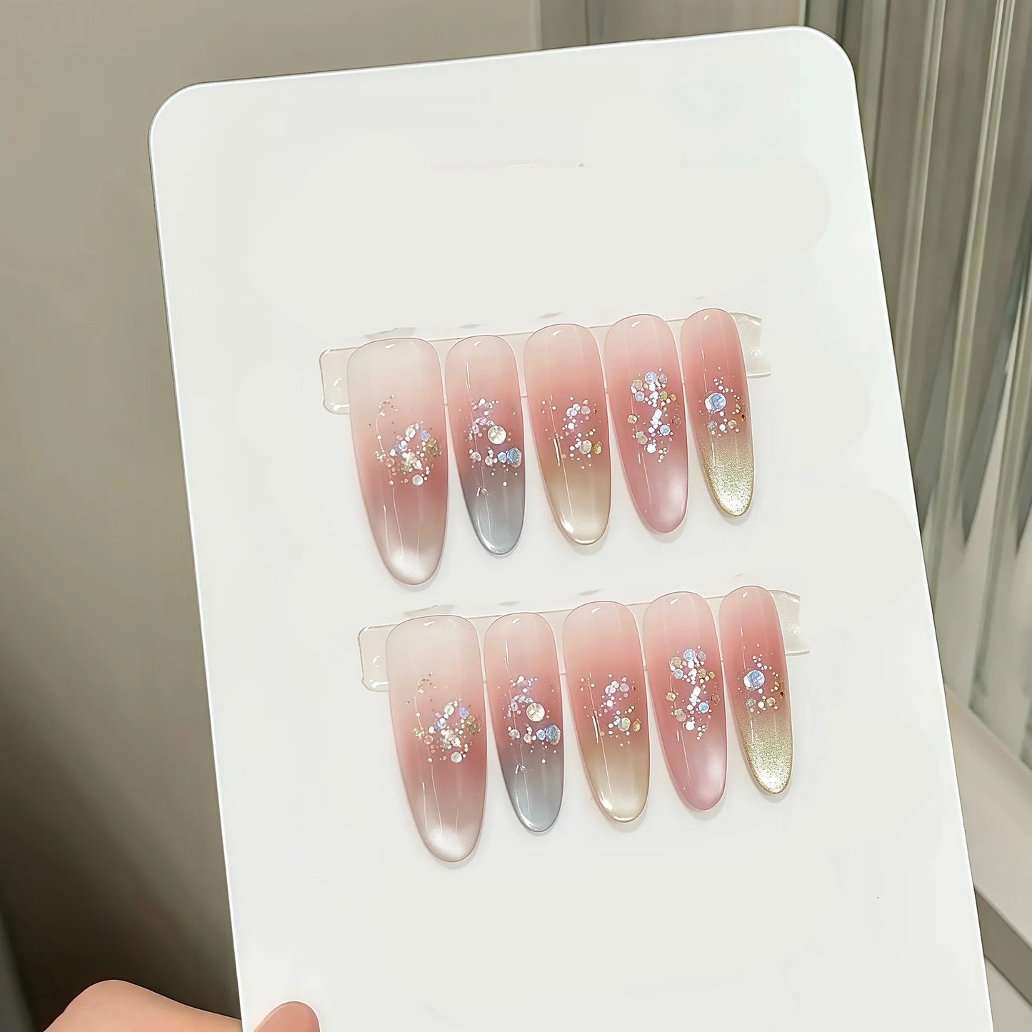 French Cat Eye Press On Nails – Sequin Gradient Tips | 10pcs