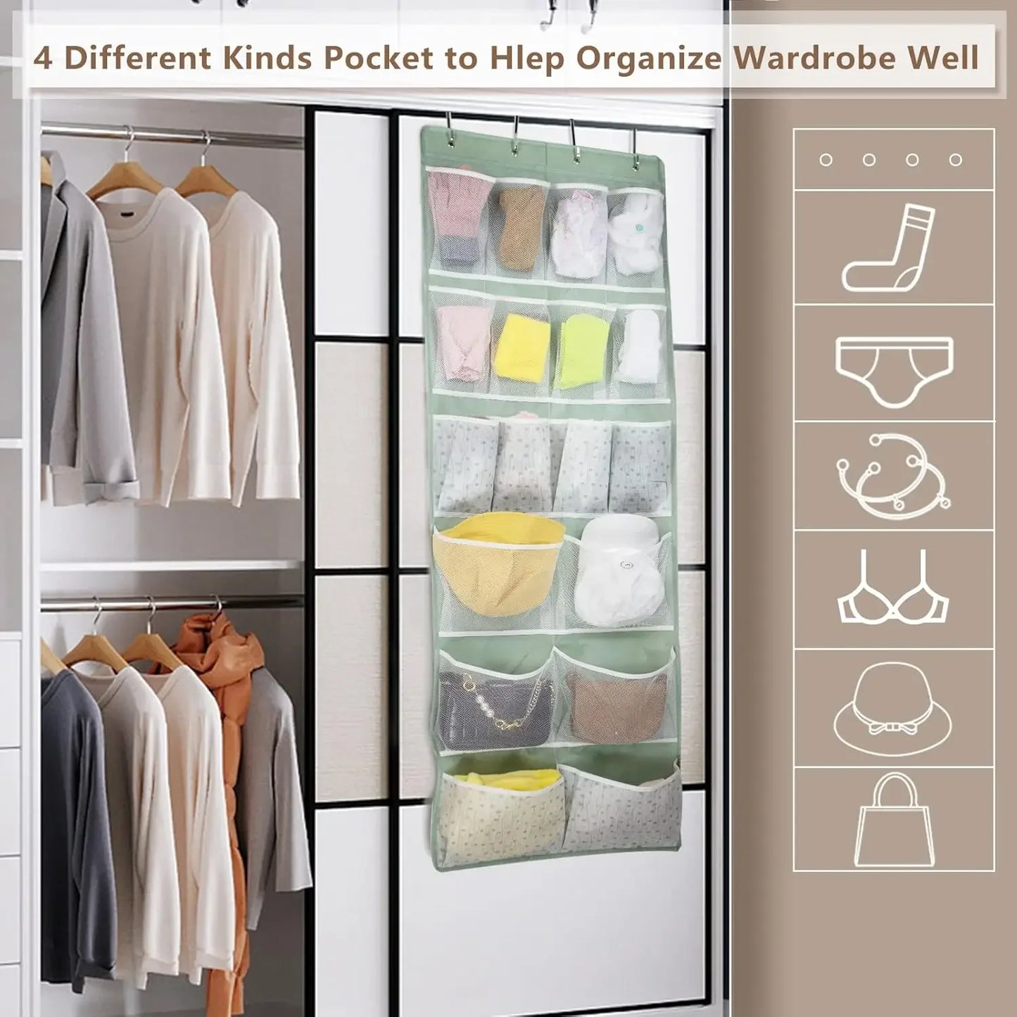 18-Pocket Over-the-Door Organizer with 4 Pocket Types, Green Hanging Storage for Shoes, Socks, and More Peaceful Pleasures Health and Wellness