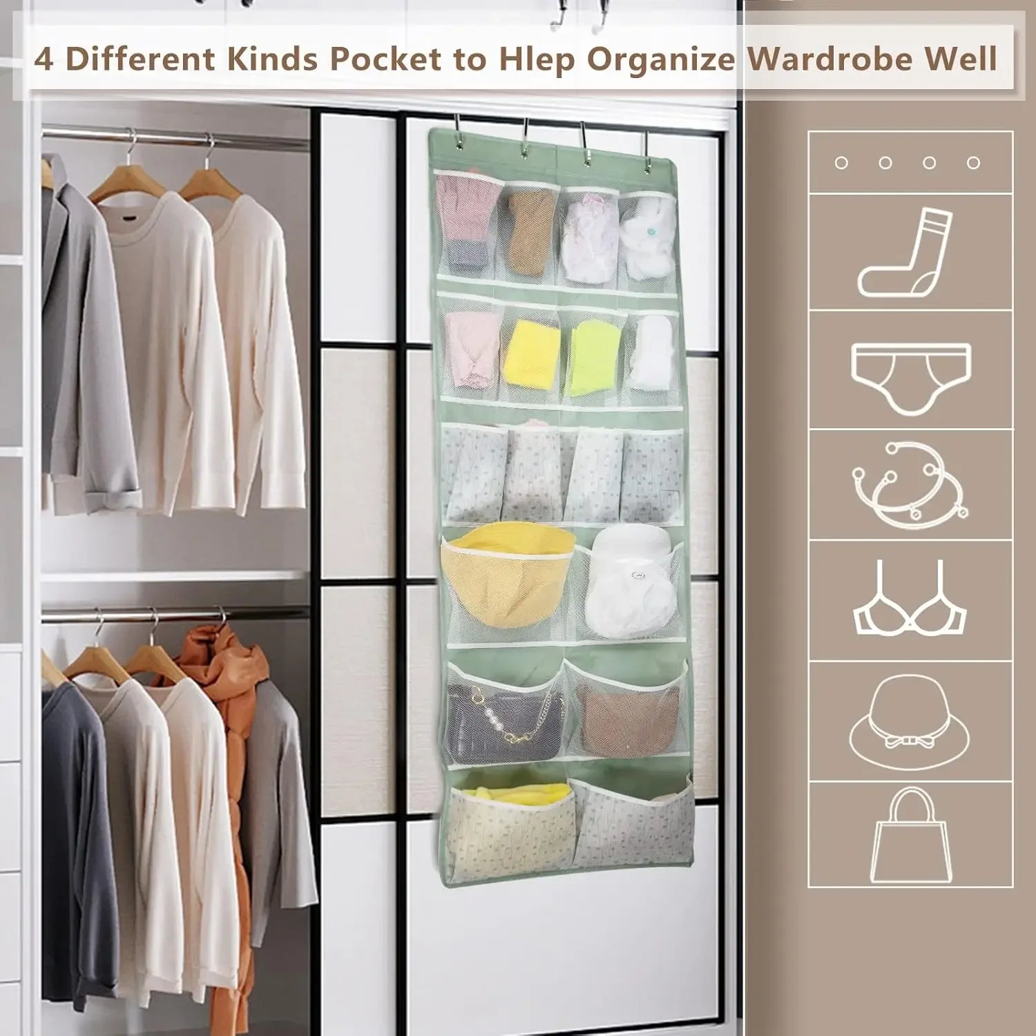 18-Pocket Over-the-Door Organizer with 4 Pocket Types, Green Hanging Storage for Shoes, Socks, and More Peaceful Pleasures Health and Wellness