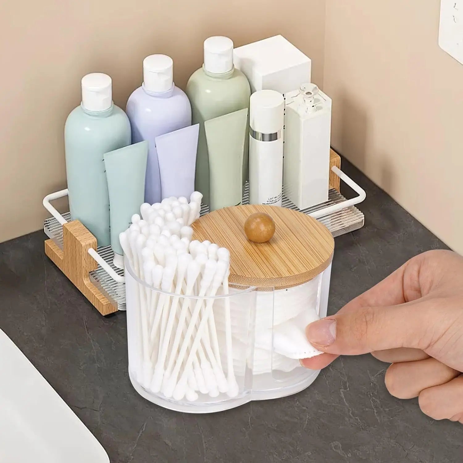Clear Dual Compartment Cotton Swab & Cotton Ball Organizer Bathroom Storage Organizer Peaceful Pleasures Health and Wellness