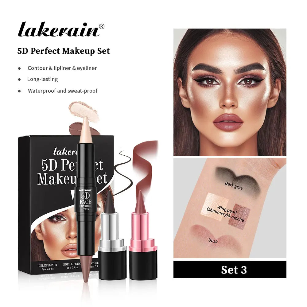 5D Perfect Makeup Set With Contouring Stick Eyeliner And Lipstick Easy Coloring Sweat-proof Long Lasting Daily Makeup Set Peaceful Pleasures Health and Wellness Set 3