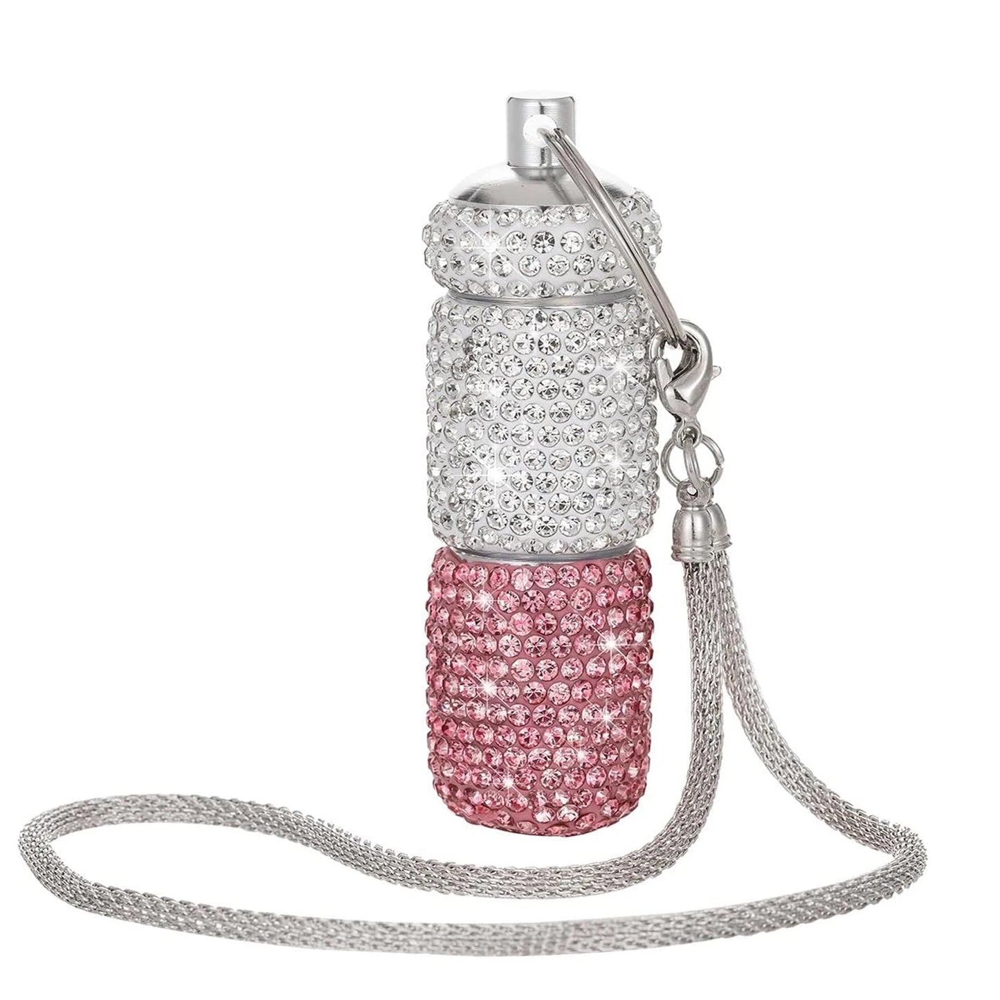 Bling Keychain Pill Box 2 Compartments Small Travel Pill Case Organizer Crystal Diamond Medicine Bottle Pill Bottle Keychain Peaceful Pleasures Health and Wellness Pink-Keychain