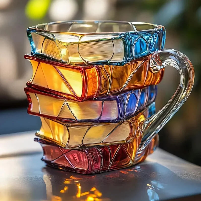 3D Stacked Books Glass Coffee Mug | Novelty Book Lover Gift