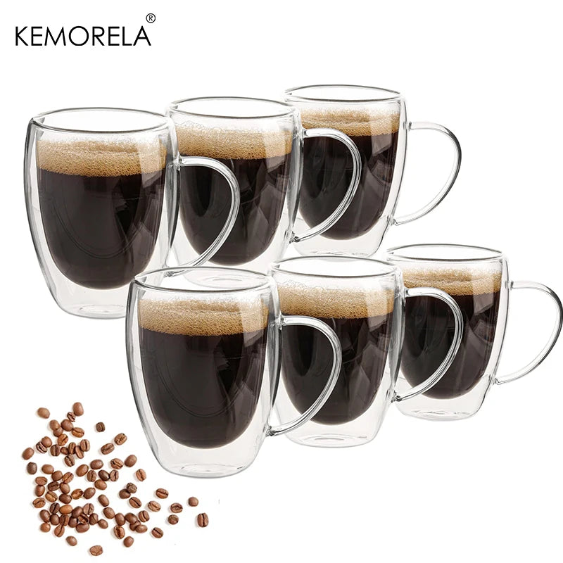 KEMORELA 350ml Double Wall Glass Coffee Mugs with Handle | 2/4/6 Pack