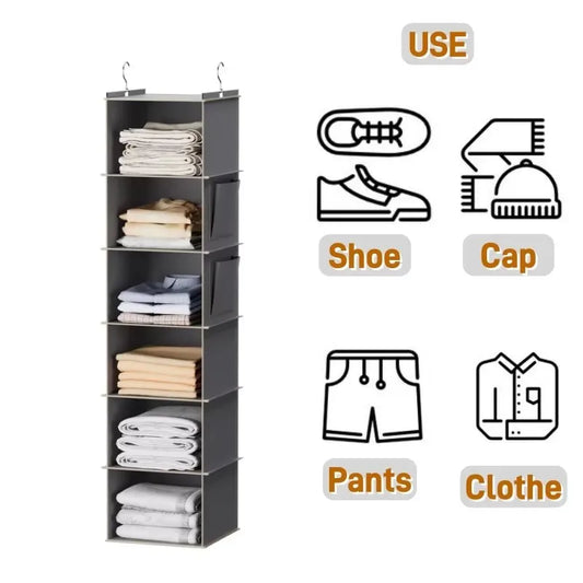 Hanging Closet Organizer and Storage, Foldable 6-Shelf Closet Hanging Storage Shelves with 2 Hooks for Shoe Cap Clothes Pants Peaceful Pleasures Health and Wellness