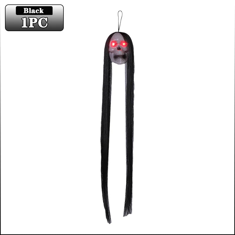 Halloween Hanging Ghost Skull – Glowing Eyes & Long Hair Decor