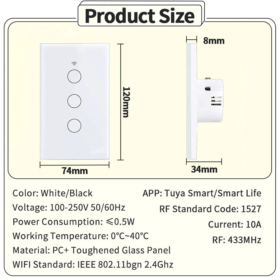 Tuya WiFi Smart Switch US Standard Touch Switch 433Mhz Wireless Remote Voice Control Alexa Google Home No Neutral Wire Required Peaceful Pleasures Health and Wellness