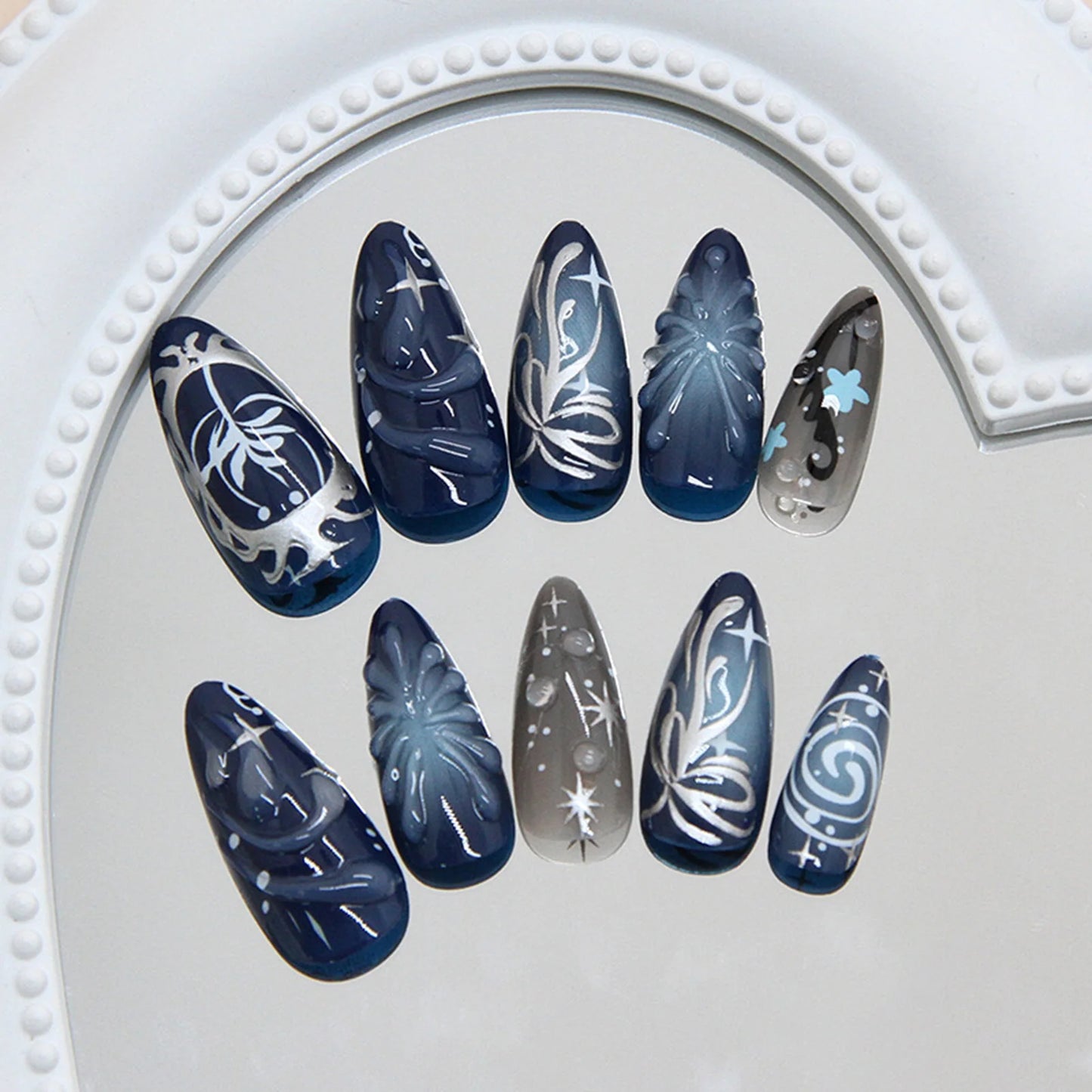 24pc Blue Black Glitter Press On Nails | 3D Y2K Almond Design