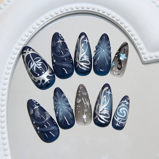 24pc Blue Black Glitter Press On Nails | 3D Y2K Almond Design Press On Nails Peaceful Pleasures Health and Wellness
