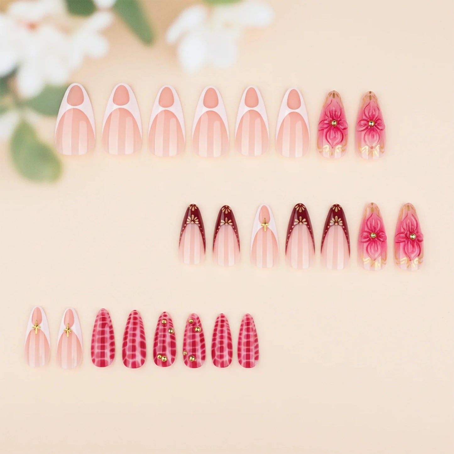 24pc Y2K French Press-On Nails | Glitter 3D Flower Almond Tips