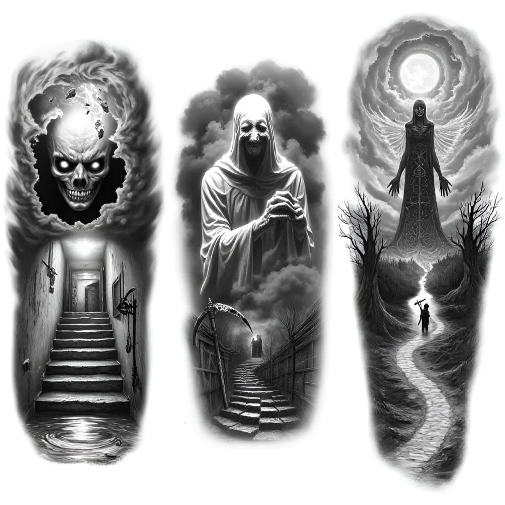 3-Pack Skull & Grim Reaper Temporary Tattoos – Black & Grey