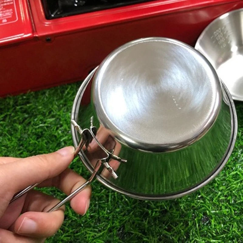 304 Stainless Steel Snow Bowl for Outdoor Camping Hanging Tableware Folding Bowl with Scale Handle Convenient Camping Peaceful Pleasures Health and Wellness