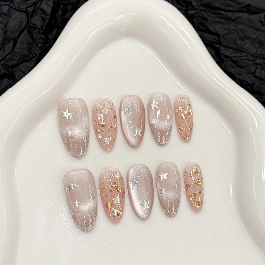 10pcs Handmade Nude Cat Eye Press on Nails Shiny Sequins Design Fake Nails Wearable Short Almond Sweet Korean False Nail Tips Peaceful Pleasures Health and Wellness L 1