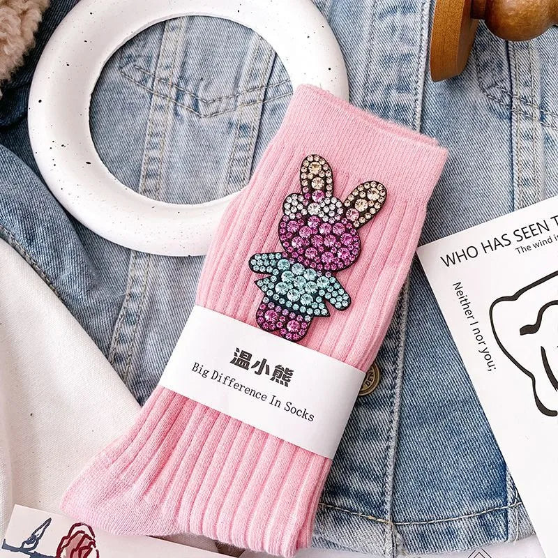 Diamond Cartoon Rabbit Decorative Socks, Fashionable Diamond Sparkling Women's Socks, Comfortable And Breathable Christmas Socks Peaceful Pleasures Health and Wellness Pink One Size