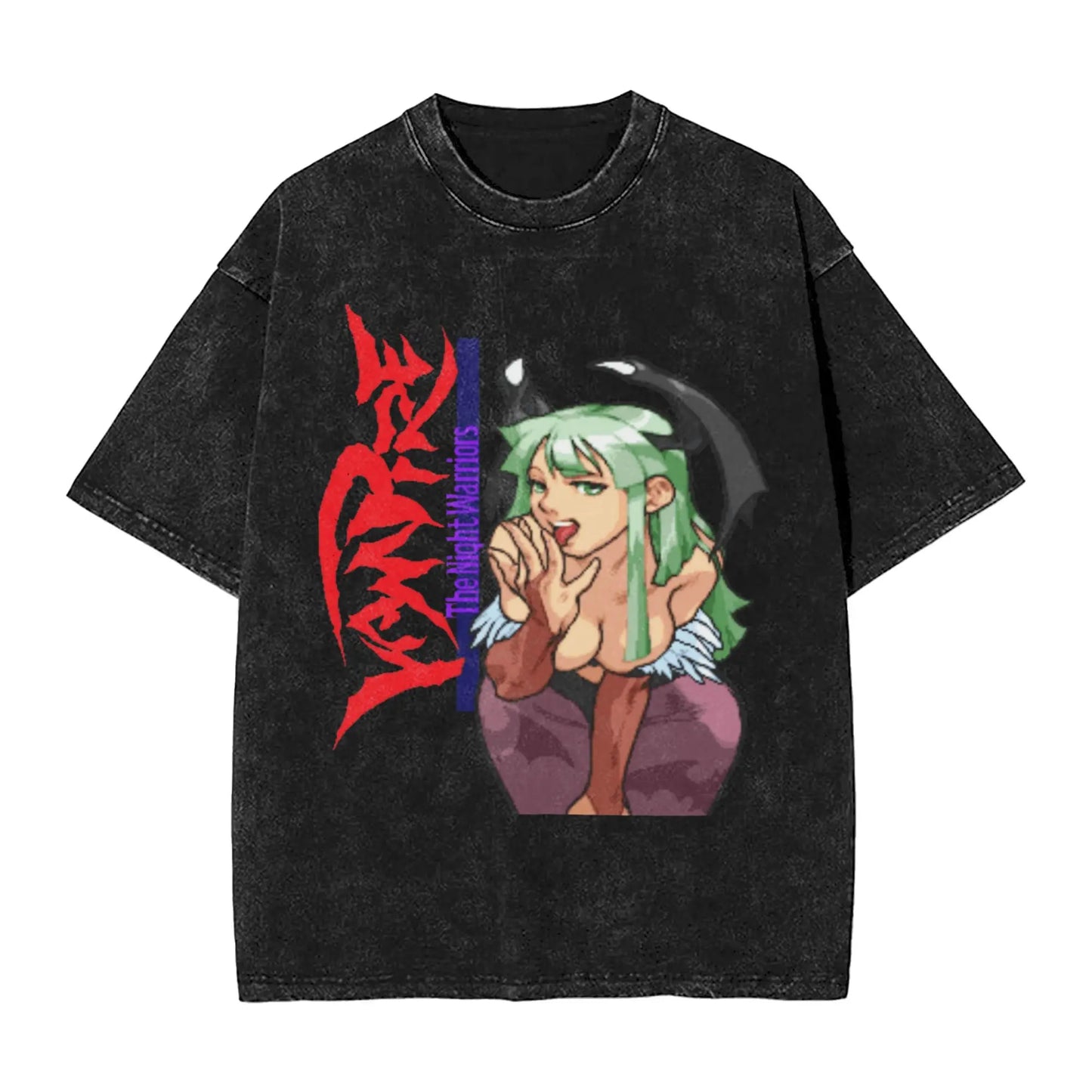 Darkstalkers Men's T Shirt Washed Morrigan Fashion Tee Shirt Short Sleeve Round Collar T-Shirts Cotton Gift Idea Tops Peaceful Pleasures Health and Wellness 1 XL