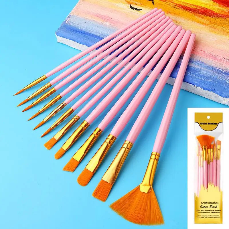 12-Piece Flat Nylon Paint Brush Set – Watercolor, Oil & Acrylic