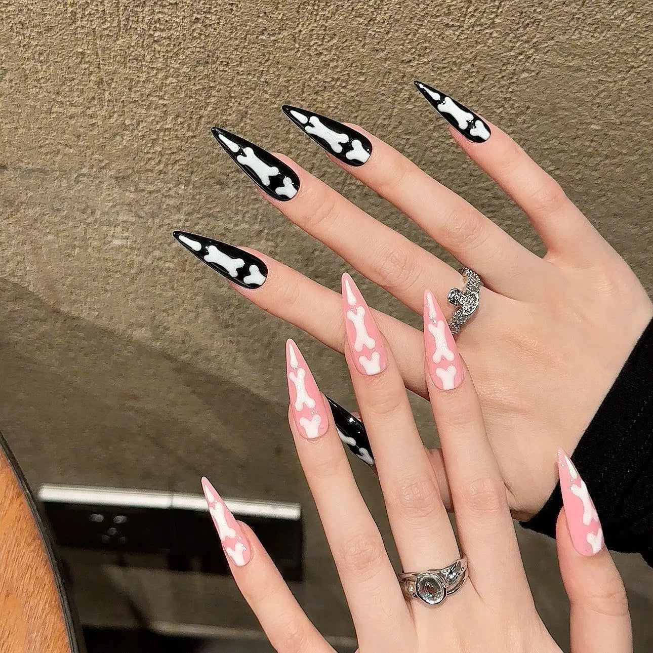 Handmade Press on Nails Halloween Cat paw bones Fake Nails for Women Wearable Long Pointed Pink and Black False Nail Patches Peaceful Pleasures Health and Wellness