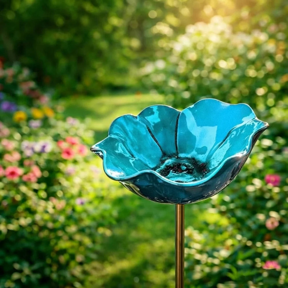 Handcrafted Metal Flower Garden Stake & Bird Bath | UV Resistant