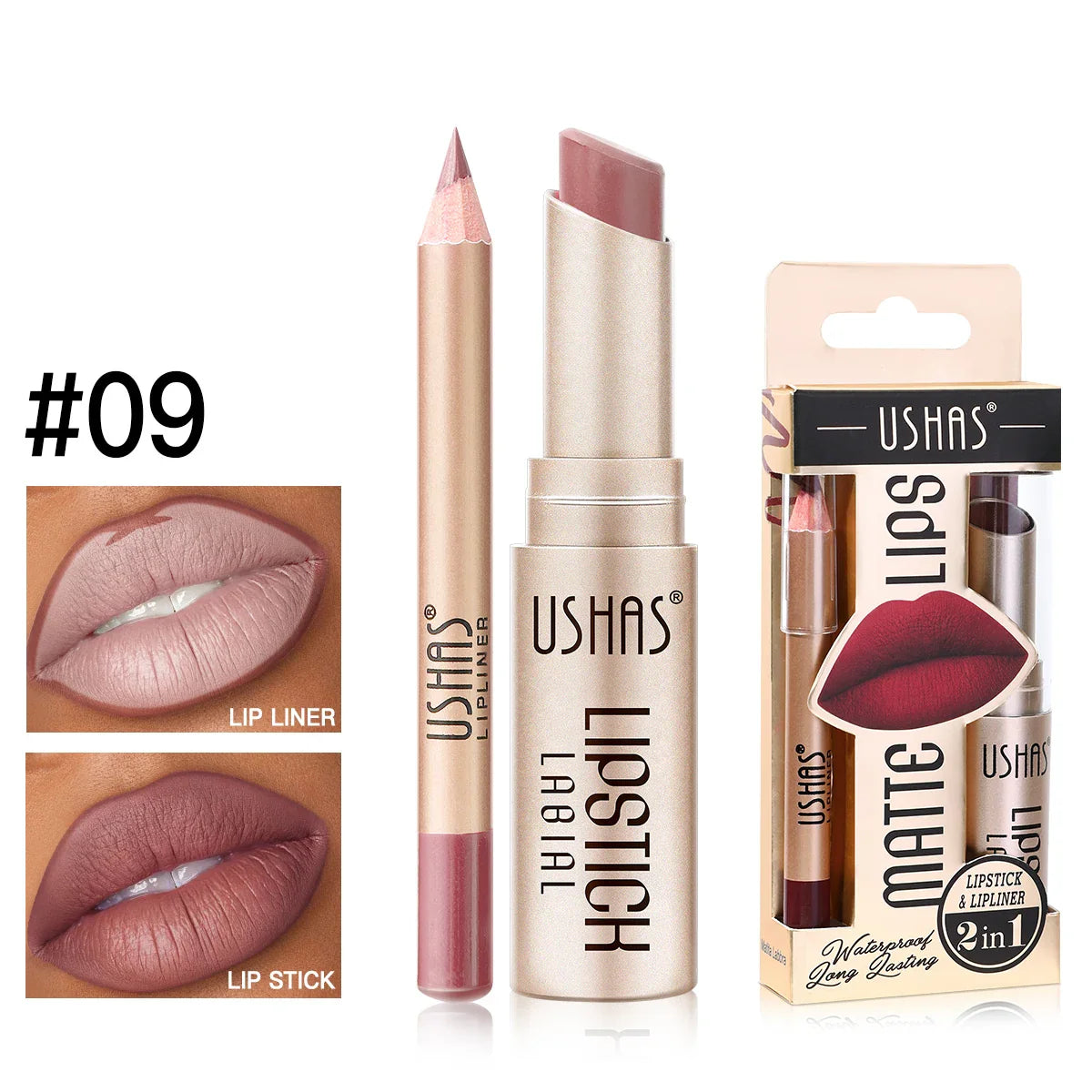USHAS 12-Color Matte Lipstick & Lip Liner Set – Waterproof