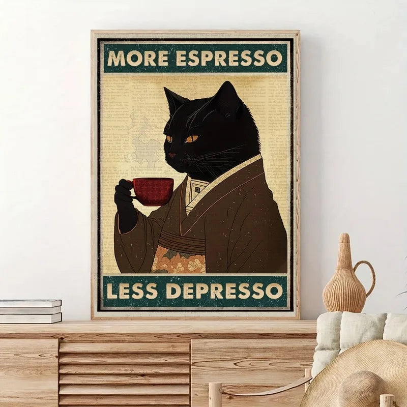 1pc Unframed Vintage Black Cat Espresso Print Canvas Poster, Canvas Wall Art, Artwork Wall Painting Home and Dormitory Decor Peaceful Pleasures Health and Wellness