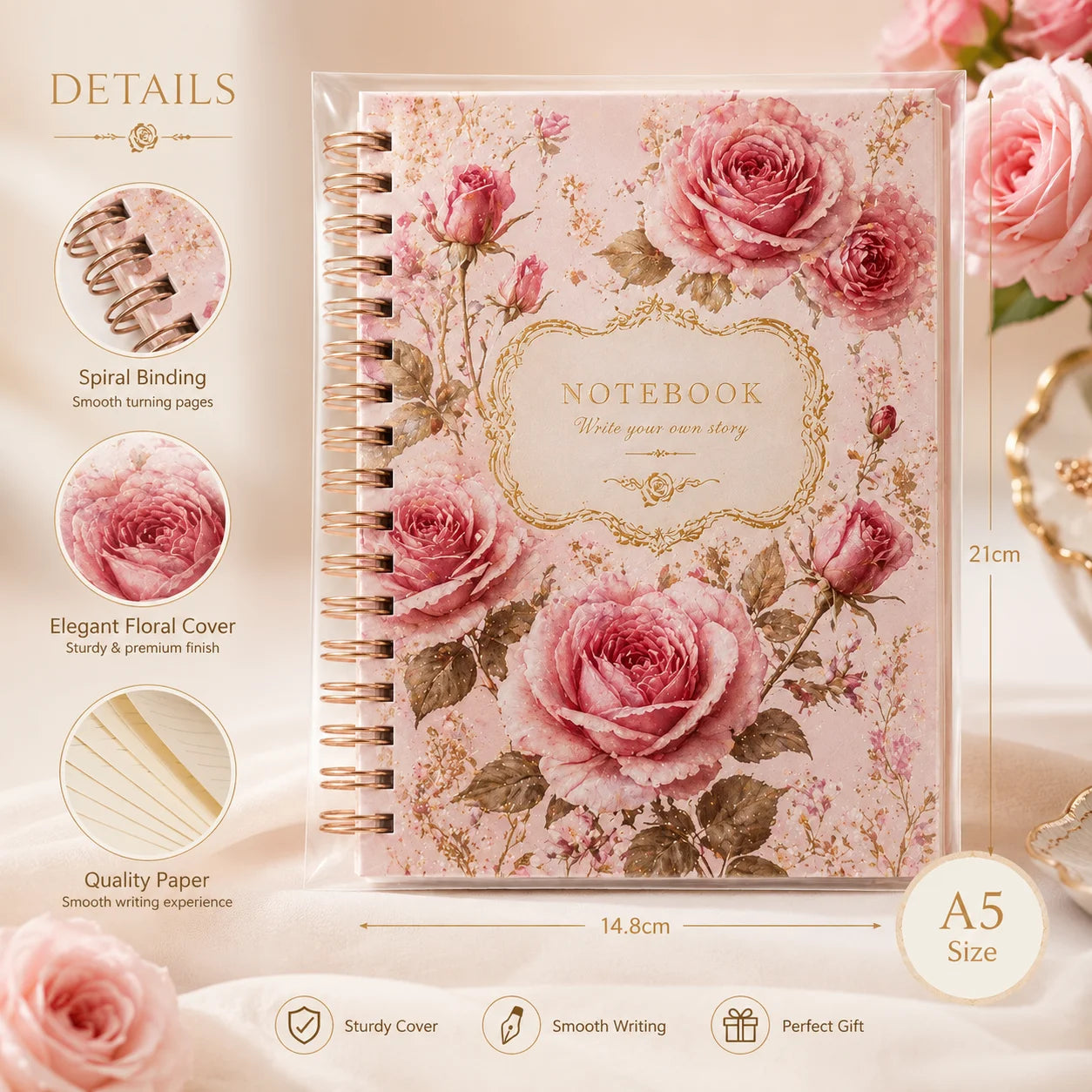 Retro Pink Rose Stamping Coil Notebook Girl Heart Art Handbook