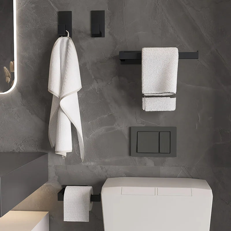 Black No-Drill Bathroom Hardware Set – Towel Bar & Robe Hook