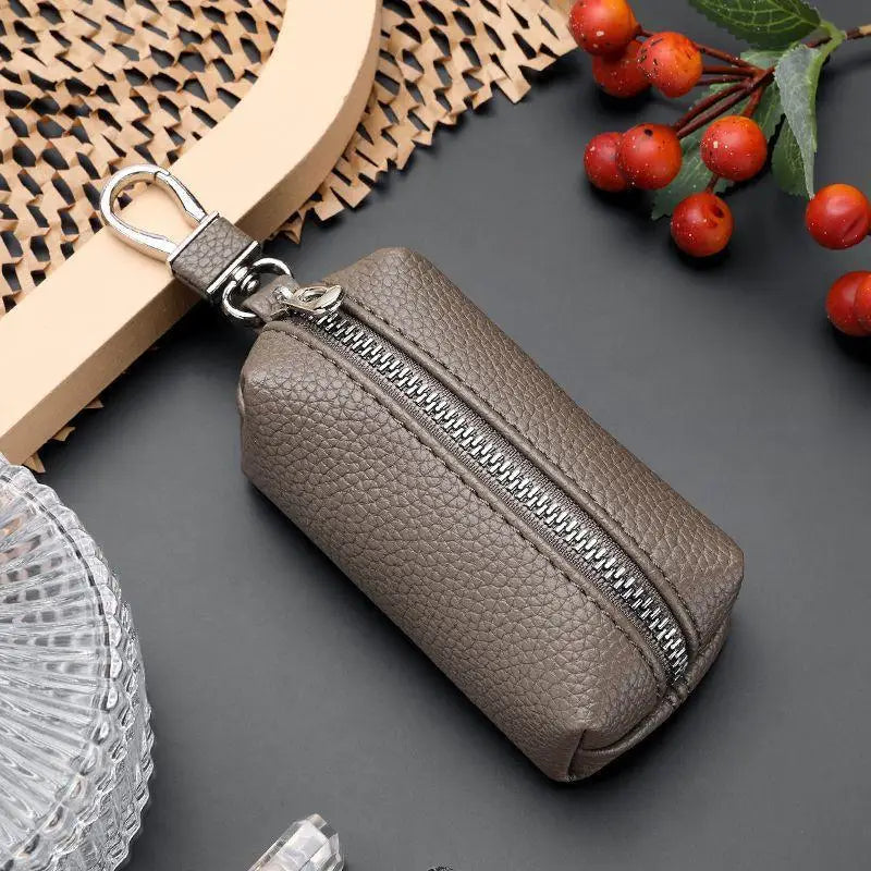 Double Zipper PU Leather Key & Coin Pouch with Metal Clip