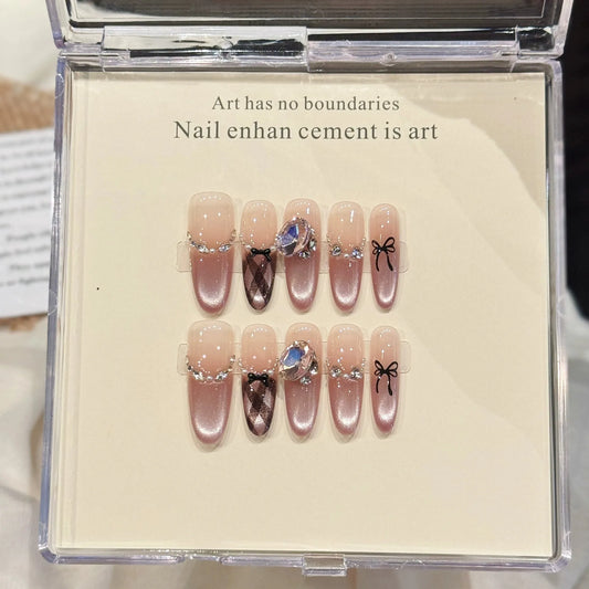 10pcs Pink Cat's Eye Press On Nails – Long Almond False Tips Press On Nails Peaceful Pleasures Health and Wellness XS