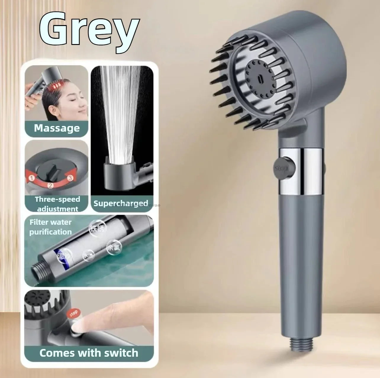 High Pressure Filtered Shower Head – 3-Mode & Water Stop Button