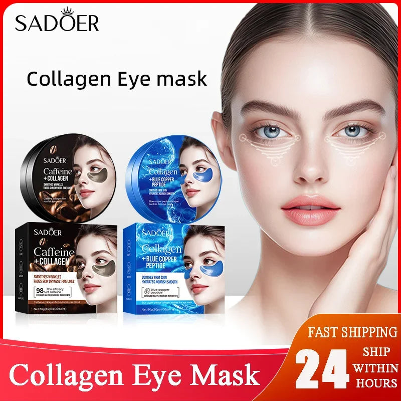SADOER Caffeine Crystal Collagen Eye Mask Anti Dark Circles Ant -Aging Anti Wrinkles Moisturizing Eye Patche Skin Care 1/2/4pcs Peaceful Pleasures Health and Wellness