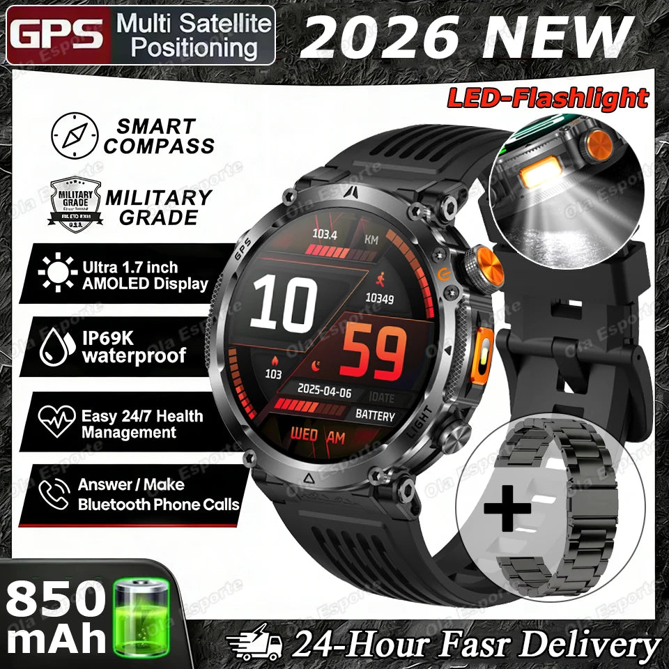 2026 Military Outdoor Smart Watch Men Dual-Frequency High-Precision Positioning Compass Sports IP68 Waterproof GPS Smartwatch Peaceful Pleasures Health and Wellness Bk22Szstrap
