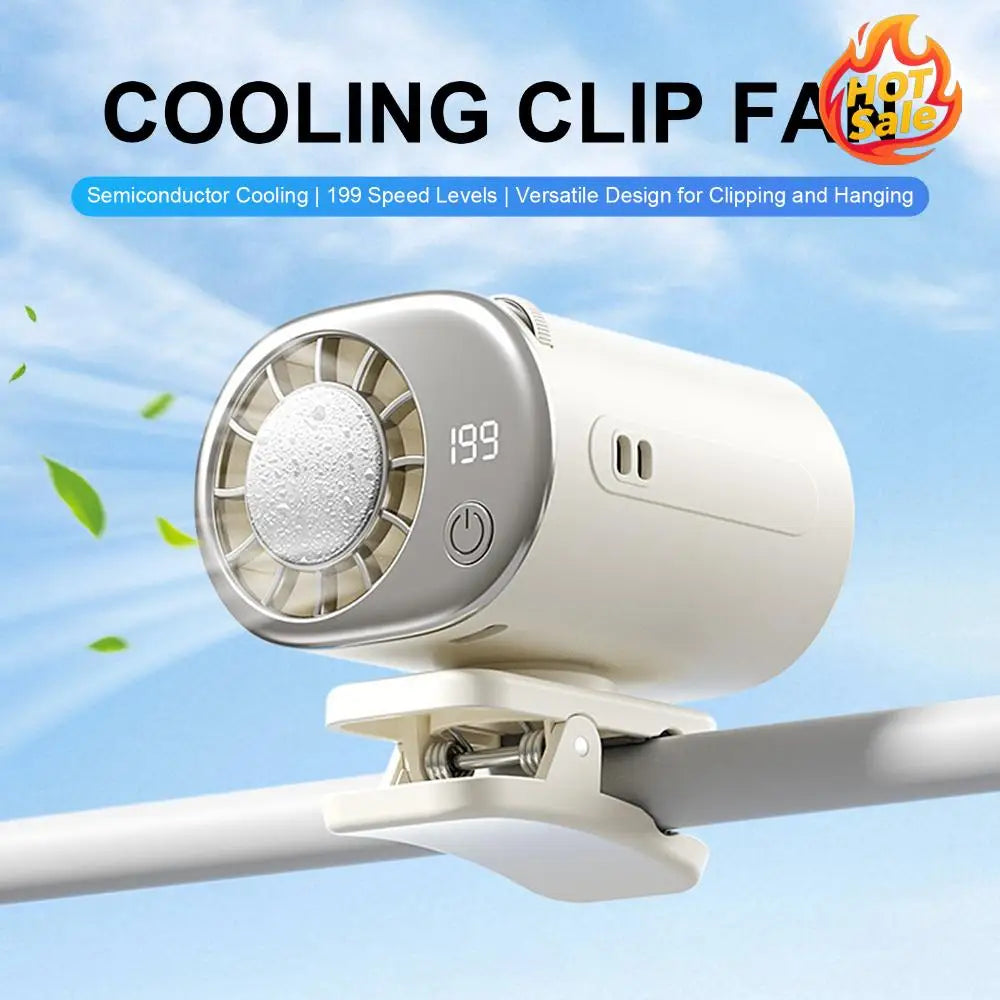 USB Rechargeable Clip Fan – 199 Speeds, LED, 2000mAh Battery